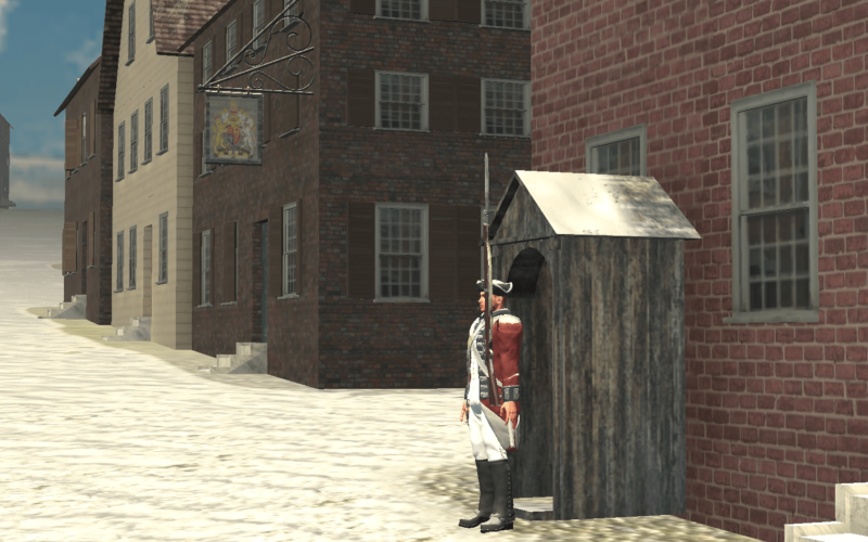 3D rendering of a revolutionary soldier standing before a guardhouse